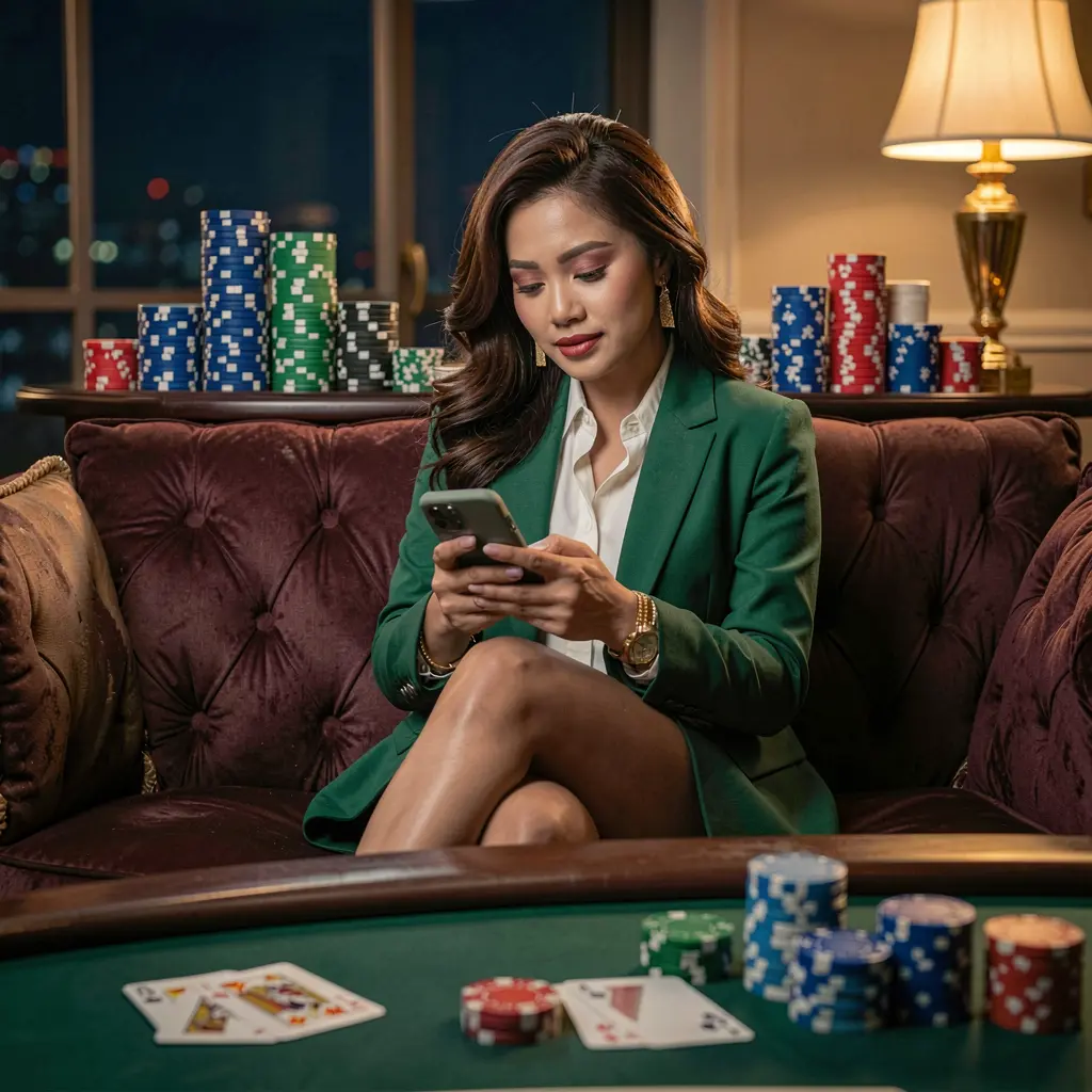 Confident Filipino woman relaxing on a sofa while using the G4888 casino app with vibrant poker chips and cards floating behind her
