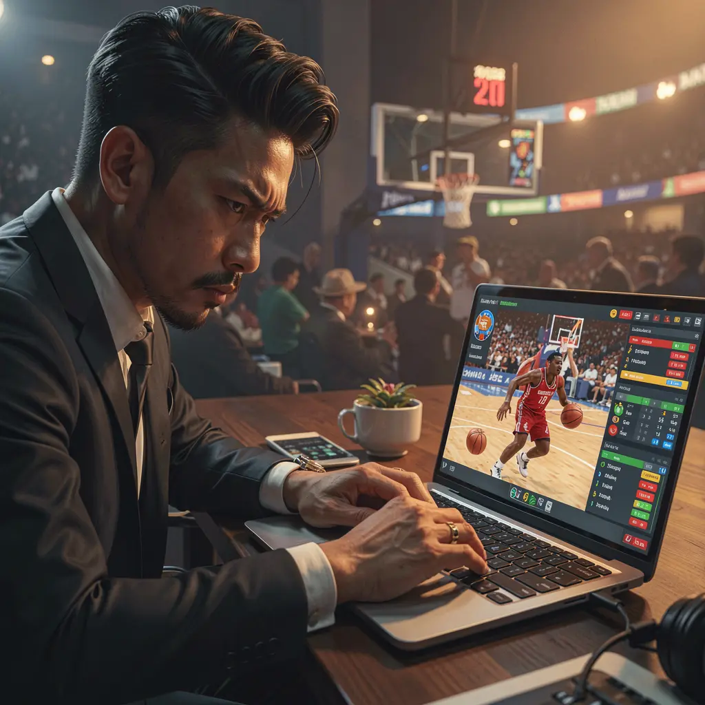 Focused Filipino sports bettor using the G4888 online betting platform on a laptop while watching a live basketball game in a modern setting