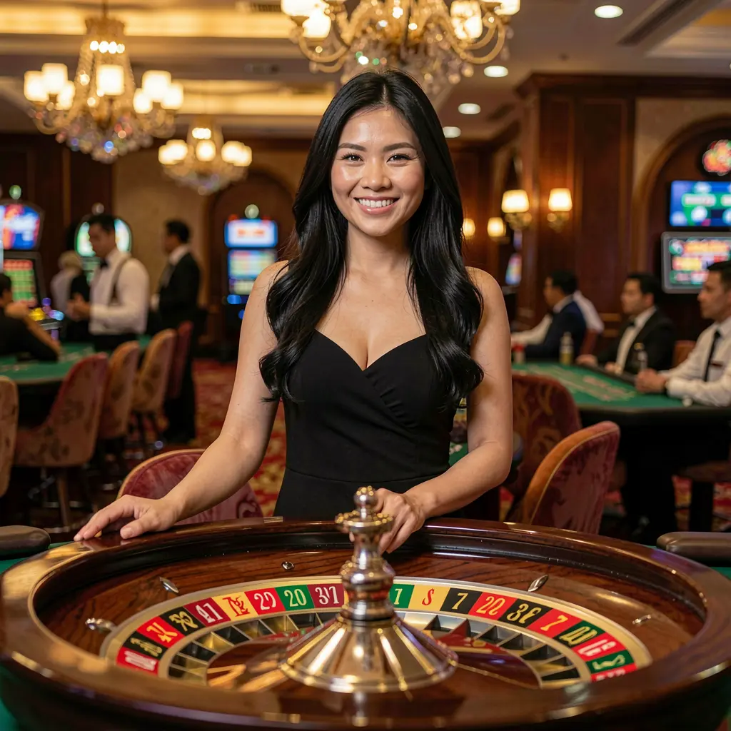 Confident Filipino live casino dealer standing at a glowing roulette table with a welcoming smile inside the premium G4888 casino environment