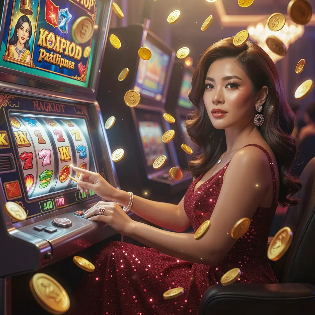 G4888 – Experience premium online casino entertainment in the Philippines Elegant casino scene with a glamorous woman playing a glowing slot machine surrounded by falling gold coins at G4888 showcasing luxury online gaming for players in the Philippines